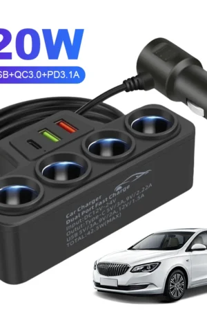 Fast Charger Plug QC3.0+PD 3.1A 12V-24V Phone Power Adapter 4-Socket 120W Car Cigarette Lighter Socket Splitter Plug 3 USB Ports