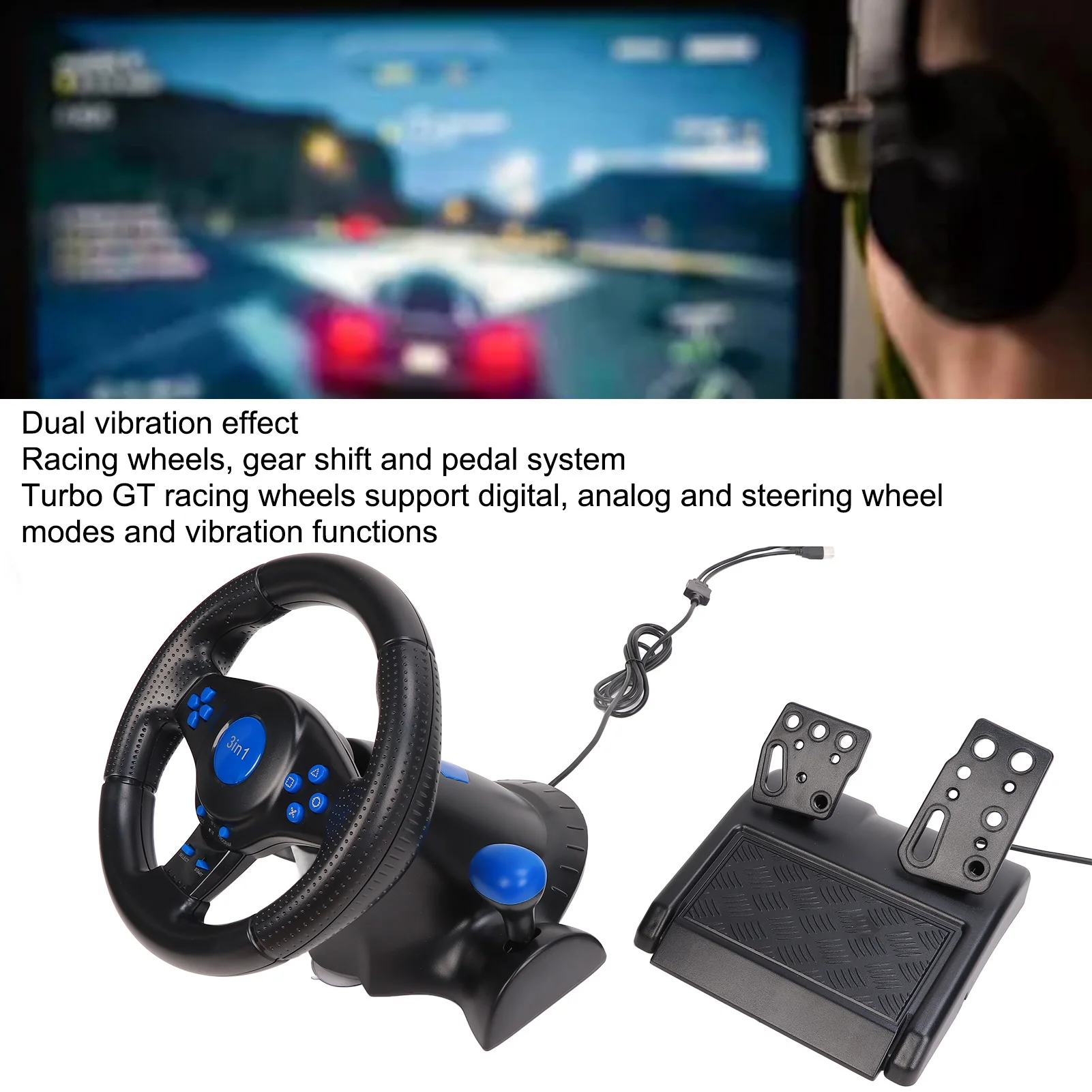 Racing Wheel PC Gaming Racing Wheel 2 Axes 180 Degree Rotation Supports Vibration Multifunctional for PS2